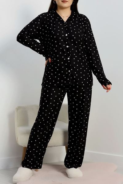 Büyük Beden Süet Düğmeli Pijama Takımı Siyahyıldız - 455.1287.