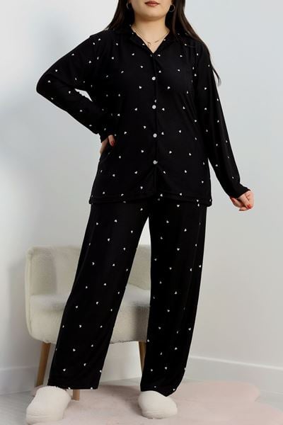 Büyük Beden Süet Düğmeli Pijama Takımı Siyahkalp - 455.1287.