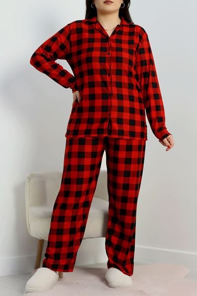 Büyük Beden Süet Düğmeli Pijama Takımı Siyahkare - 455.1287.