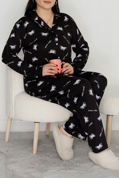 Büyük Beden Soft Milan Düğmeli Pijama Takımı Siyahfiyonk - 754.1287.