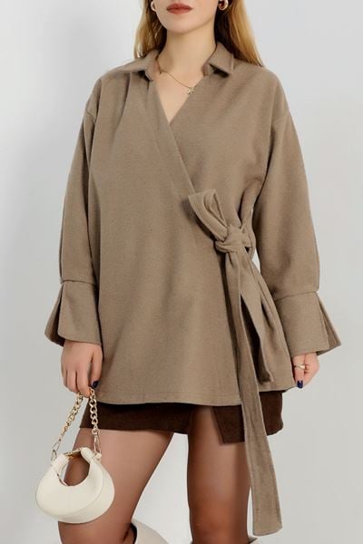 Bağlamalı Kruvaze Yaka Kaşe Ceket Vizon - 70993.1775.