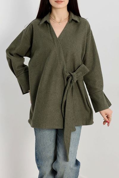 Bağlamalı Kruvaze Yaka Kaşe Ceket Haki - 70993.1775.