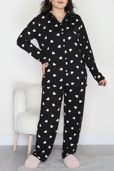 Büyük Beden Soft Milan Düğmeli Pijama Takımı Beyazsiyah - 754.1287.