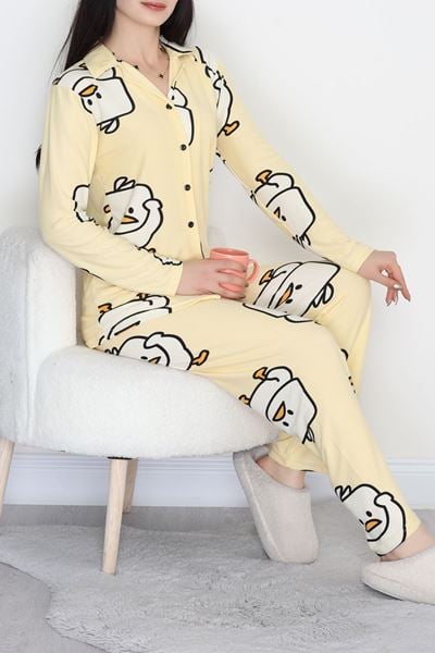 Düğmeli Süet Pijama Takımı Sarıördek - 450.1287.