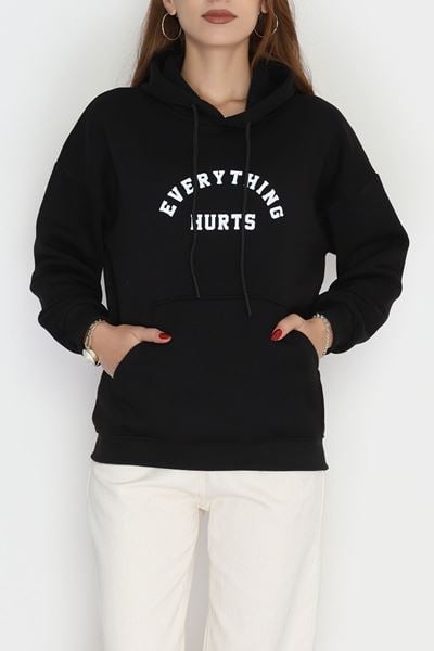 3 İplik Kanguru Cepli Kapşonlu Sweat Siyahbeyaz - 42253.1878.