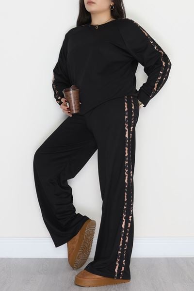 Şeritli 2 İplik Büyük Beden Eşofman Takımı Siyah - 50784.1857.