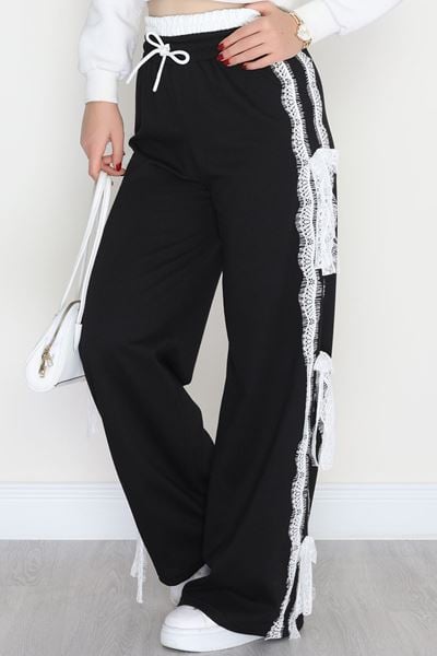 Dantel Şeritli 2 İplik Eşofman Altı Siyah - 50798.1857.