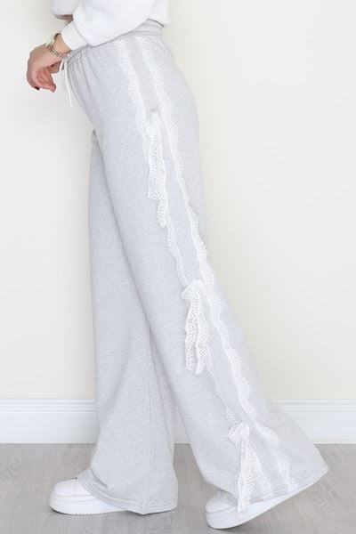 Dantel Şeritli 2 İplik Eşofman Altı Gri - 50798.1857.