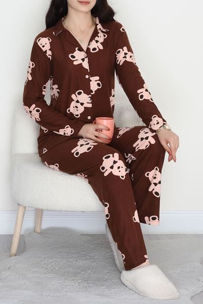 Düğmeli Süet Pijama Takımı Kahvebej - 450.1287.