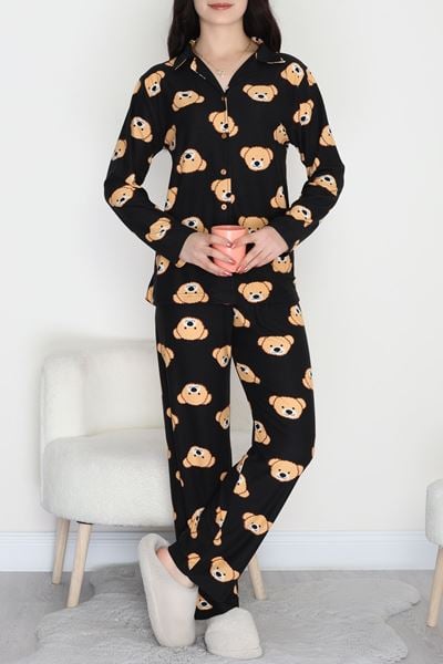 Düğmeli Süet Pijama Takımı Siyahayıcık - 450.1287.