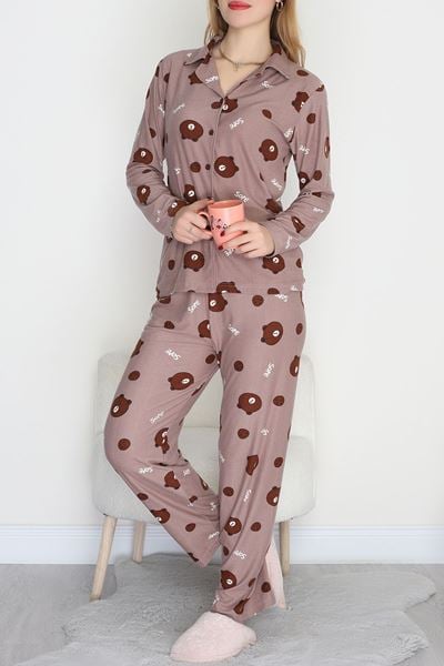 Düğmeli Süet Pijama Takımı Kahveayı - 450.1287.