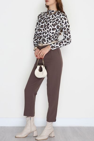 Desenli Dik Yaka Sandy Bluz Leopar1 - 70691.1949.