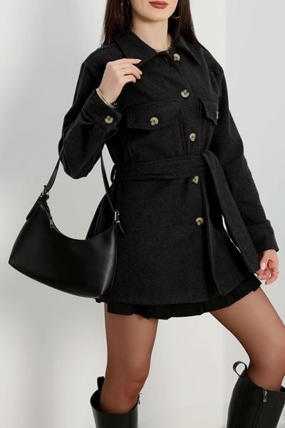 Çift Cepli Kuşaklı Tunik Gömlek Füme - 70991.1775.