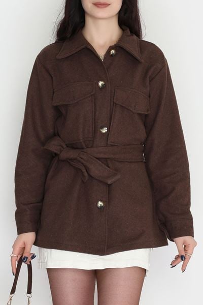 Çift Cepli Kuşaklı Tunik Gömlek Açıkkahve - 70991.1775.