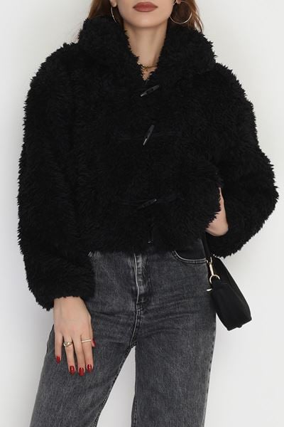 Düğmeli Peluş Mont Siyah - 8749.179.