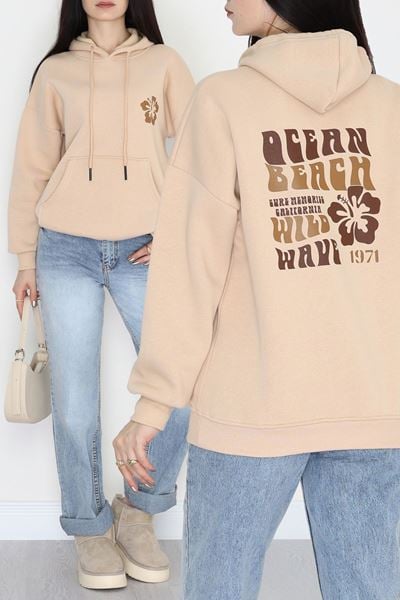 3 İplik Kanguru Cepli Kapşonlu Sweat Bejkahve - 42247.1878.