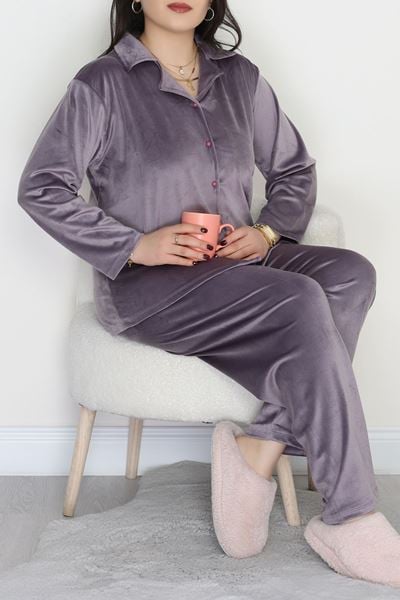 Büyük Beden Likralı Fransız Kadife Pijama Takımı Füme - 42067.1049.