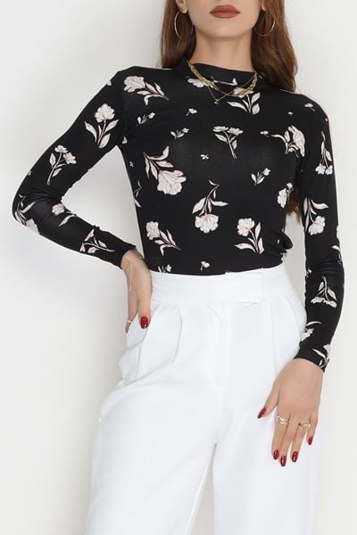 Yarım Balıkçı Yaka Likralı Ring Viskon Body Siyahpembe - 90950.1287.