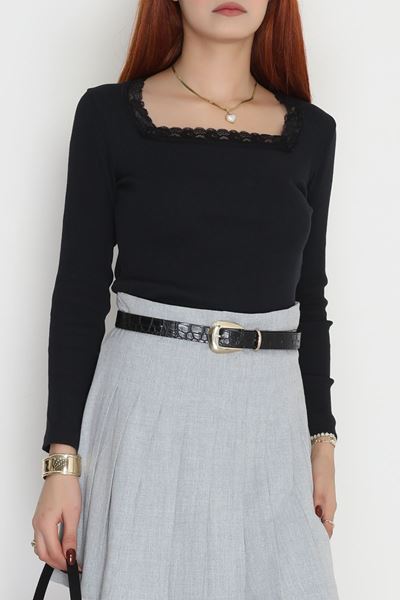 Çerçeve Yaka Dantelli Kaşkorse Body Siyah - 70789.599.