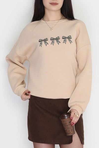 3 İplik Bisiklet Yaka Sweat Bej - 42241.1878.