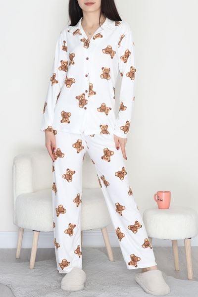 Düğmeli Süet Pijama Takımı Bejayı - 450.1287.