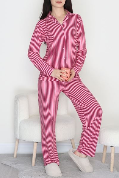 Düğmeli Süet Pijama Takımı Fuşyapembe - 450.1287.