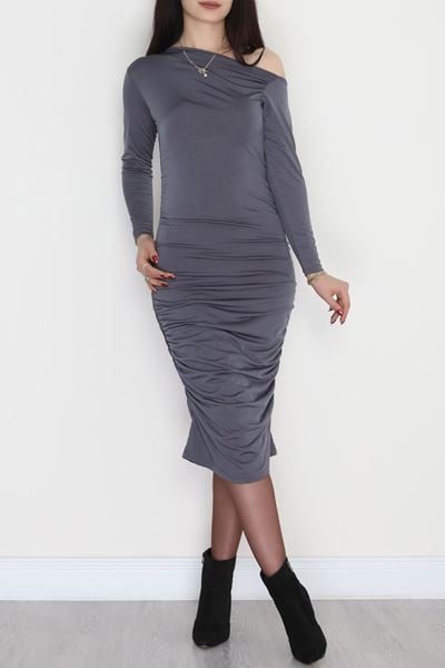 Asimetrik Yaka Sandy Elbise Antrasit - 42570.1949.