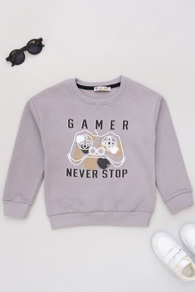 6-9 Yaş Gamer Baskılı 3 İp Şardonlu Sweatshirt Gri - 2264219.1576.
