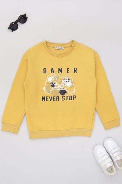 6-9 Yaş Gamer Baskılı 3 İp Şardonlu Sweatshirt Hardal - 2264219.1576.