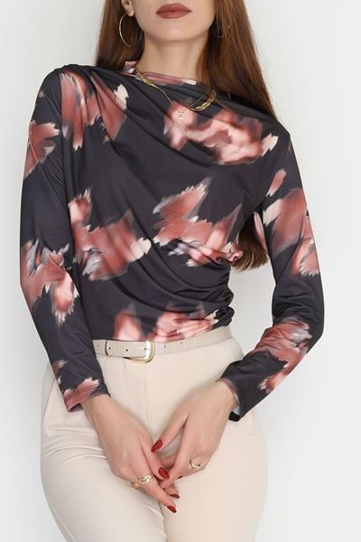 Desenli Dik Yaka Sandy Bluz Siyahkahve - 70751.1949.