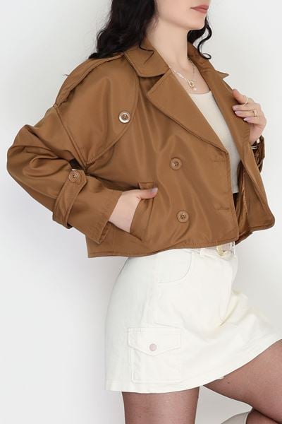 Astarlı Çift Düğmeli Kısa Trençkot Taba - 90863.147.