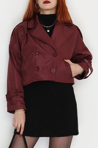 Astarlı Çift Düğmeli Kısa Trençkot Bordo - 90863.147.