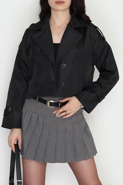 Astarlı Çift Düğmeli Kısa Trençkot Siyah - 90863.147.