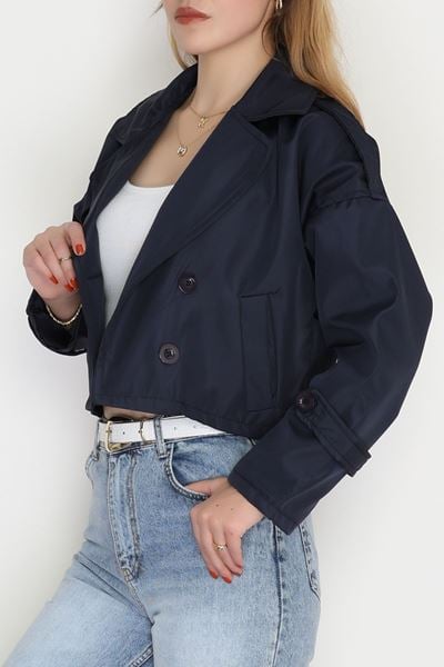 Astarlı Çift Düğmeli Kısa Trençkot Lacivert - 90863.147.