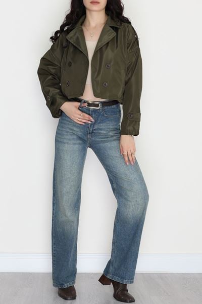 Astarlı Çift Düğmeli Kısa Trençkot Haki - 90863.147.