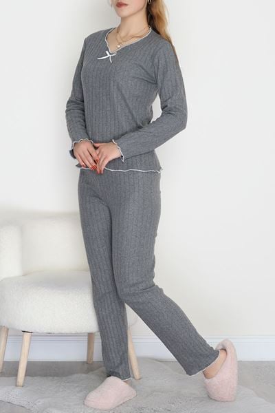 Fitilli İnterlok Kurdeleli Pijama Takımı Antrasit - 70796.1048.