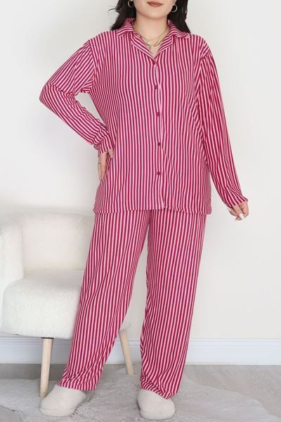Büyük Beden Süet Düğmeli Pijama Takımı Pembeçizgili - 455.1287.