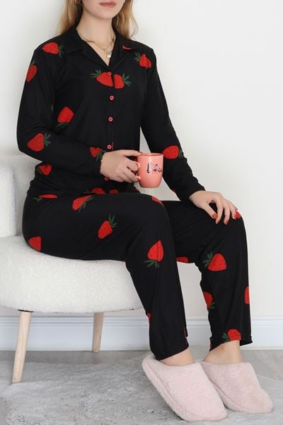 Düğmeli Süet Pijama Takımı Siyahçilek - 450.1287.