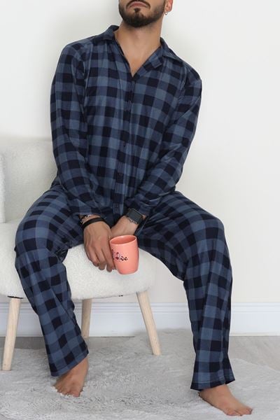Süet Düğmeli Erkek Pijama Takımı Lacivertkare - 755.1287.