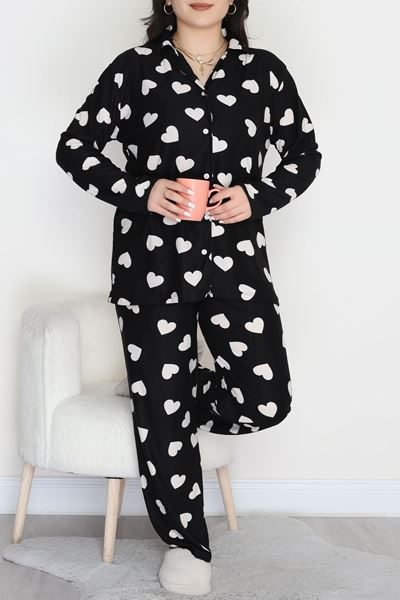 Büyük Beden Süet Düğmeli Pijama Takımı Siyahekru - 455.1287.