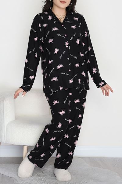 Büyük Beden Süet Düğmeli Pijama Takımı Siyahpembe - 455.1287.