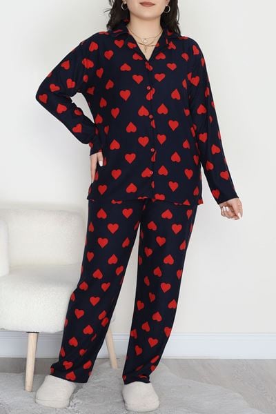 Büyük Beden Süet Düğmeli Pijama Takımı Lacikırmızı - 455.1287.