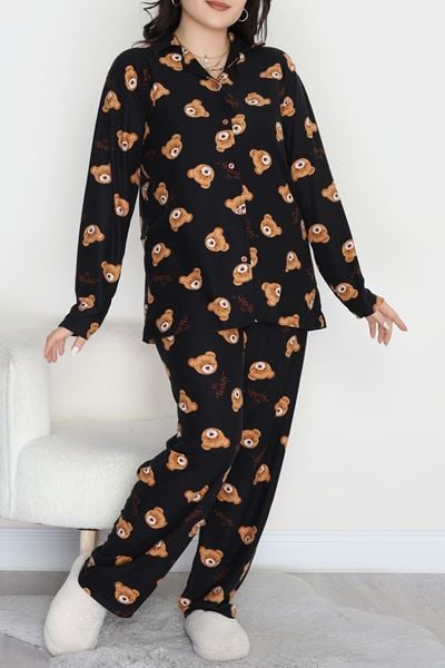 Büyük Beden Süet Düğmeli Pijama Takımı Siyahayı - 455.1287.