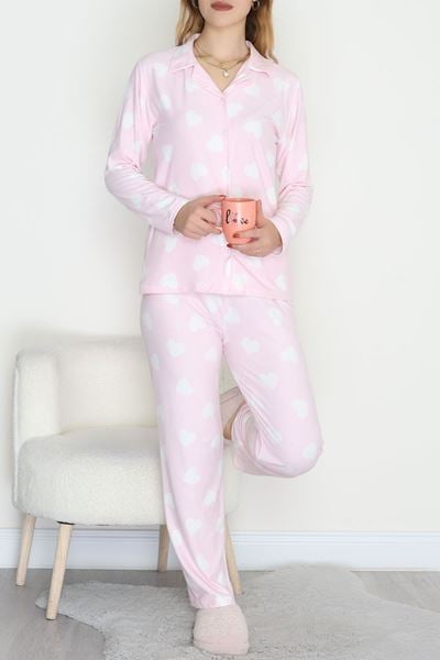 Düğmeli Süet Pijama Takımı Pembekalp - 450.1287.