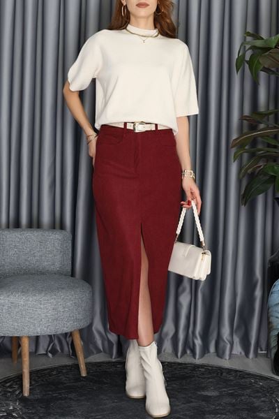 Yırtmaçlı Fitilli Kadife Etek Bordo - 51015.155.