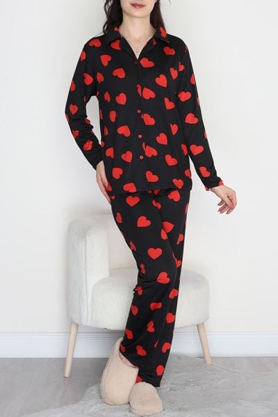 Soft Milan Düğmeli Pijama Takımı Siyahkırmızı - 7511.1287.