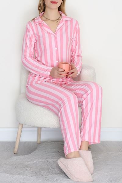 Düğmeli Süet Pijama Takımı Pembeçizgi - 450.1287.
