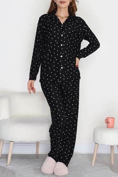 Düğmeli Süet Pijama Takımı Siyahyıldız1 - 450.1287.