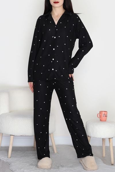 Düğmeli Süet Pijama Takımı Siyahkalp1 - 450.1287.