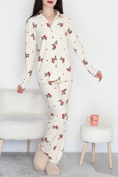 Düğmeli Süet Pijama Takımı Krem - 450.1287.